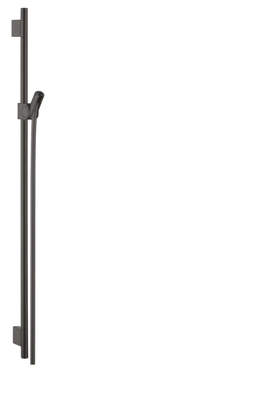 Schlichte Brausestange in Brushed Black Chrome mit angedeutetem Brauseschlauch, montiert an einer glatten Fläche. Design von AXOR, geeignet für moderne Badezimmergestaltung.